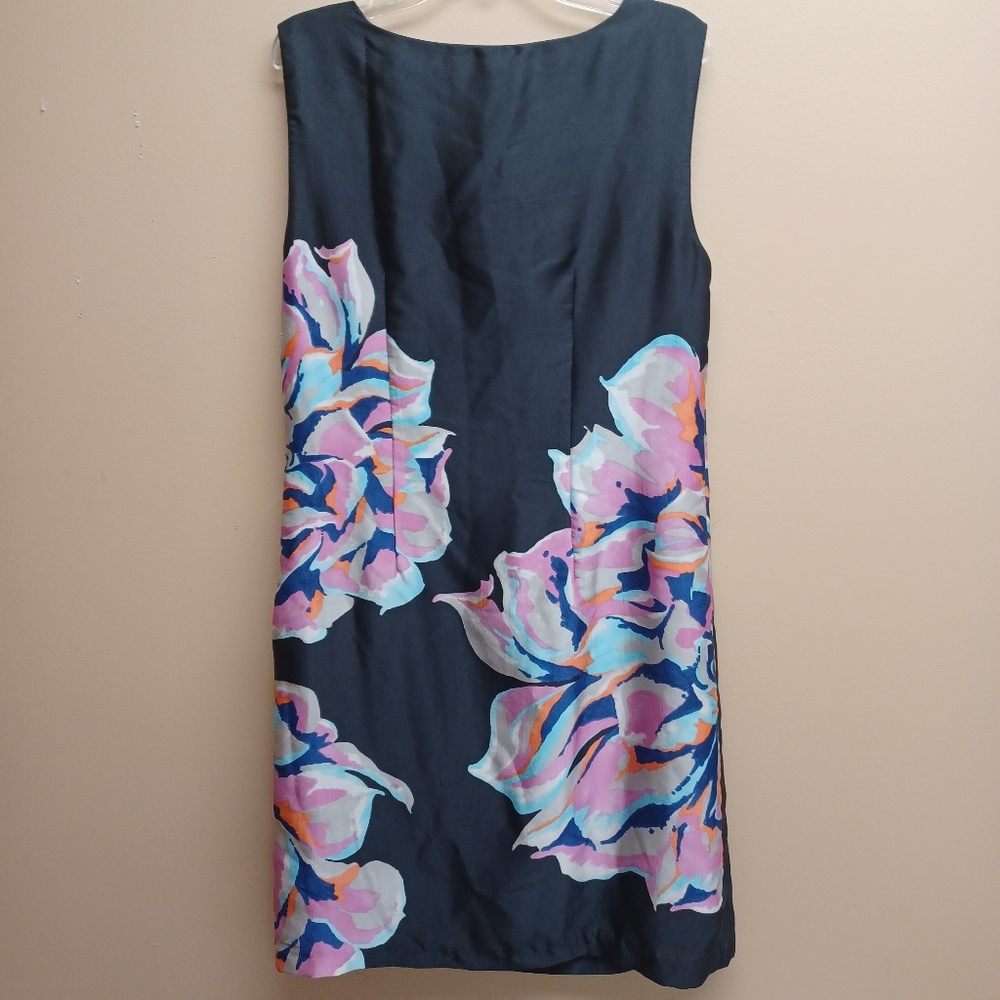 LOFT Black Midi Dress with Pink, Blue and Orange Floral Print